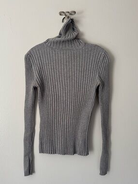 MNG BASIC Ribbed Knit Gray Women’s Cotton Blend Ribbed Turtleneck Sweater